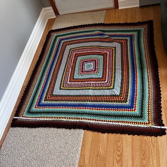 Vintage Granny Square Crochet Throw Blanket Rainbow Home Decor Afghan Boho Brown - Picture 3 of 5